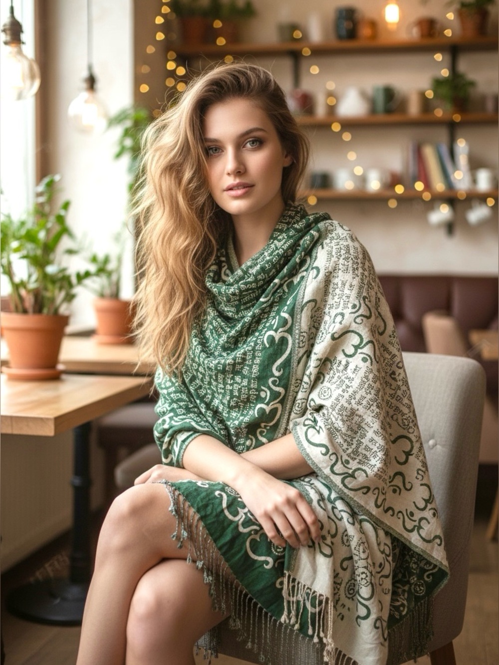 Viscose Reversible Shawl/Scarf with Spiritual OM Pattern and Fringe Detail